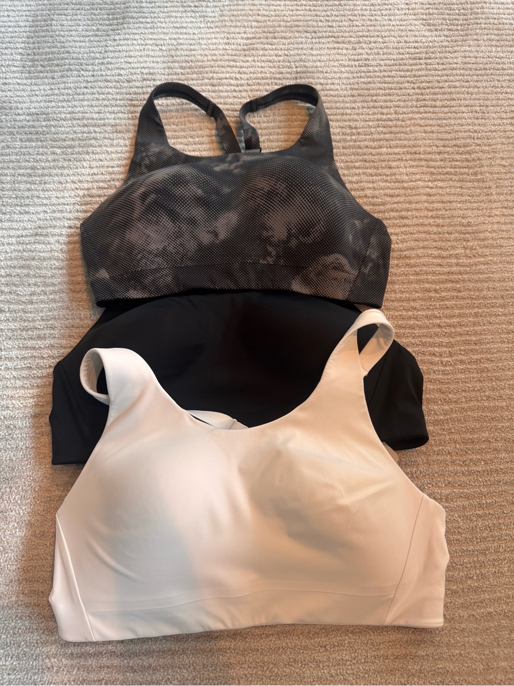 3 Athleta Soft-Cup Sports Bra Trio - Black, Gray Marble & Cream 36B